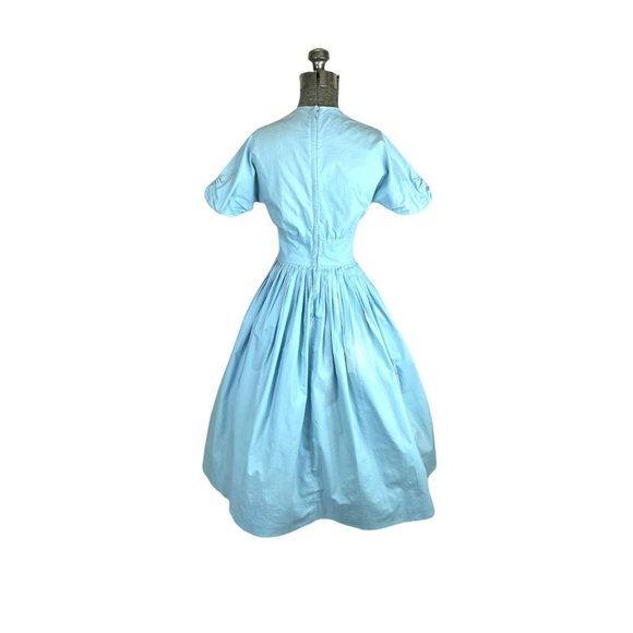 1950s 60s blue cotton pleated dress with lace bib bodice Size S - Picture 5 of 7